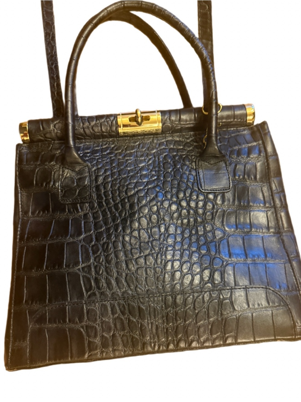 Vintage Made in Italy Genuine Leather Croc Embossed Top Handle Satchel Bag Black